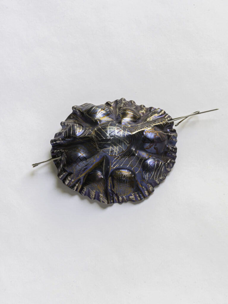 Alfred Taatz, 2025, Brosche | brooch, Titan Edelstahl | titanium stainless steel, ⌀ 9 cm, Foto Matthias Ritzmann